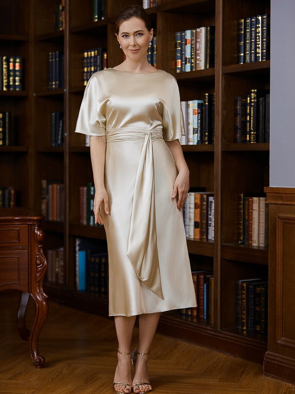 Scarlett Sheath/Column Elastic Woven Satin Ruched Scoop Short Sleeves Tea-Length Mother of the Bride Dresses DPP0020242