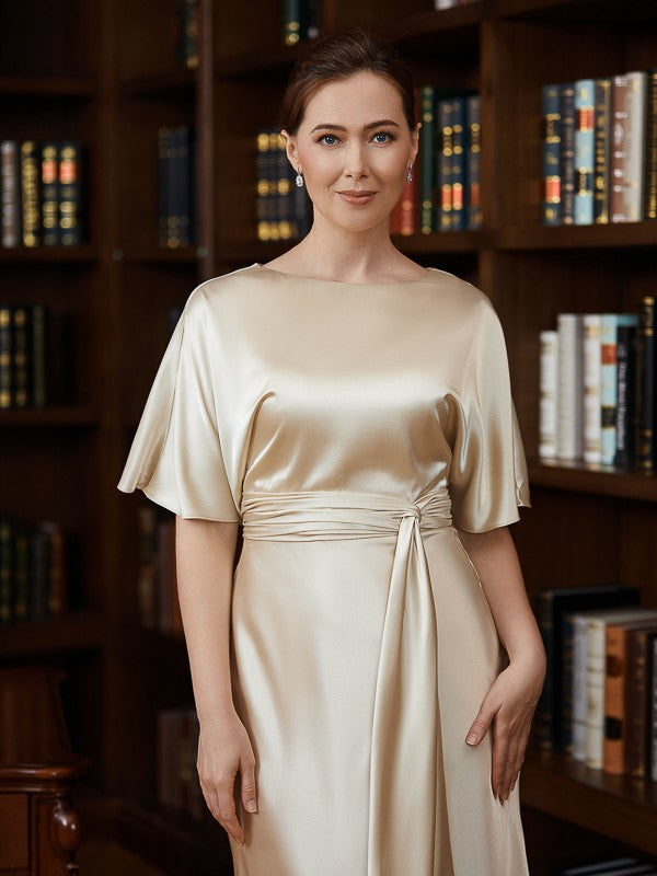 Scarlett Sheath/Column Elastic Woven Satin Ruched Scoop Short Sleeves Tea-Length Mother of the Bride Dresses DPP0020242