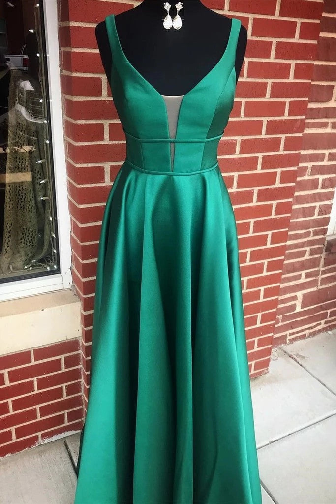 A-line V Neck Emerald Green Prom Dresses, Graduation Dresses With Pockets