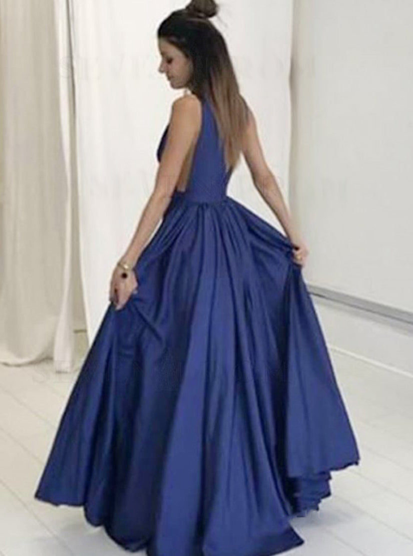 Simple Deep V-Neck Open Back Long Blue Prom Dresses