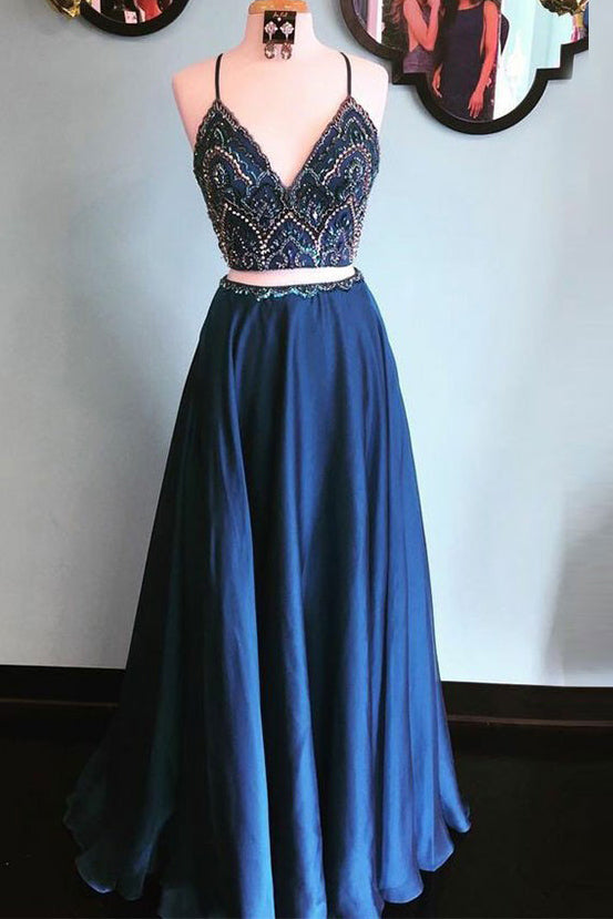 Dark Navy Two Piece Spaghetti Straps Beading Elastic Satin Prom Dresses