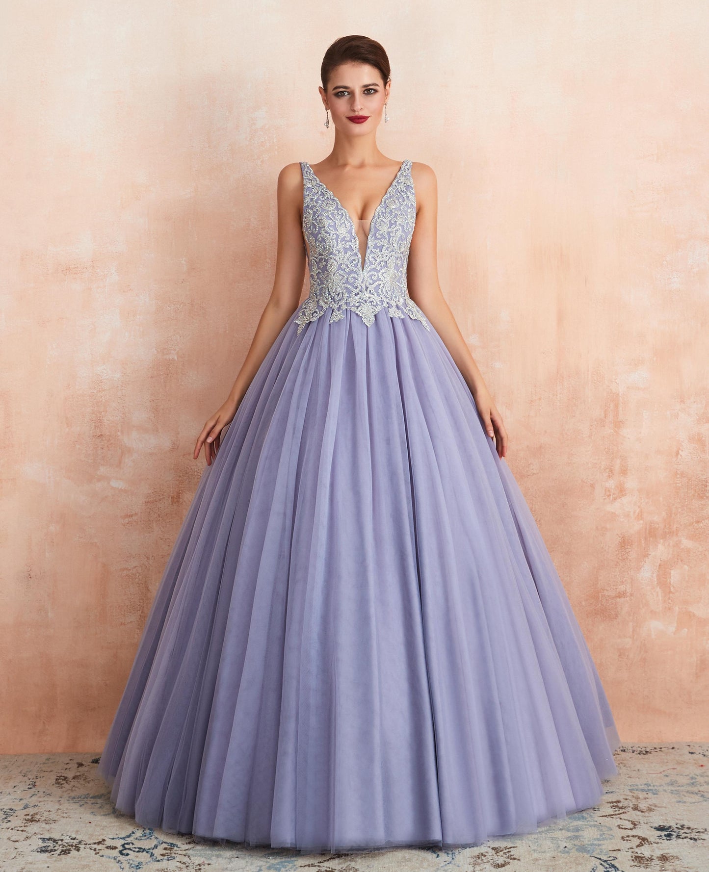 Sleeveless Light Purple Tulle Ball Gown Prom Dresses