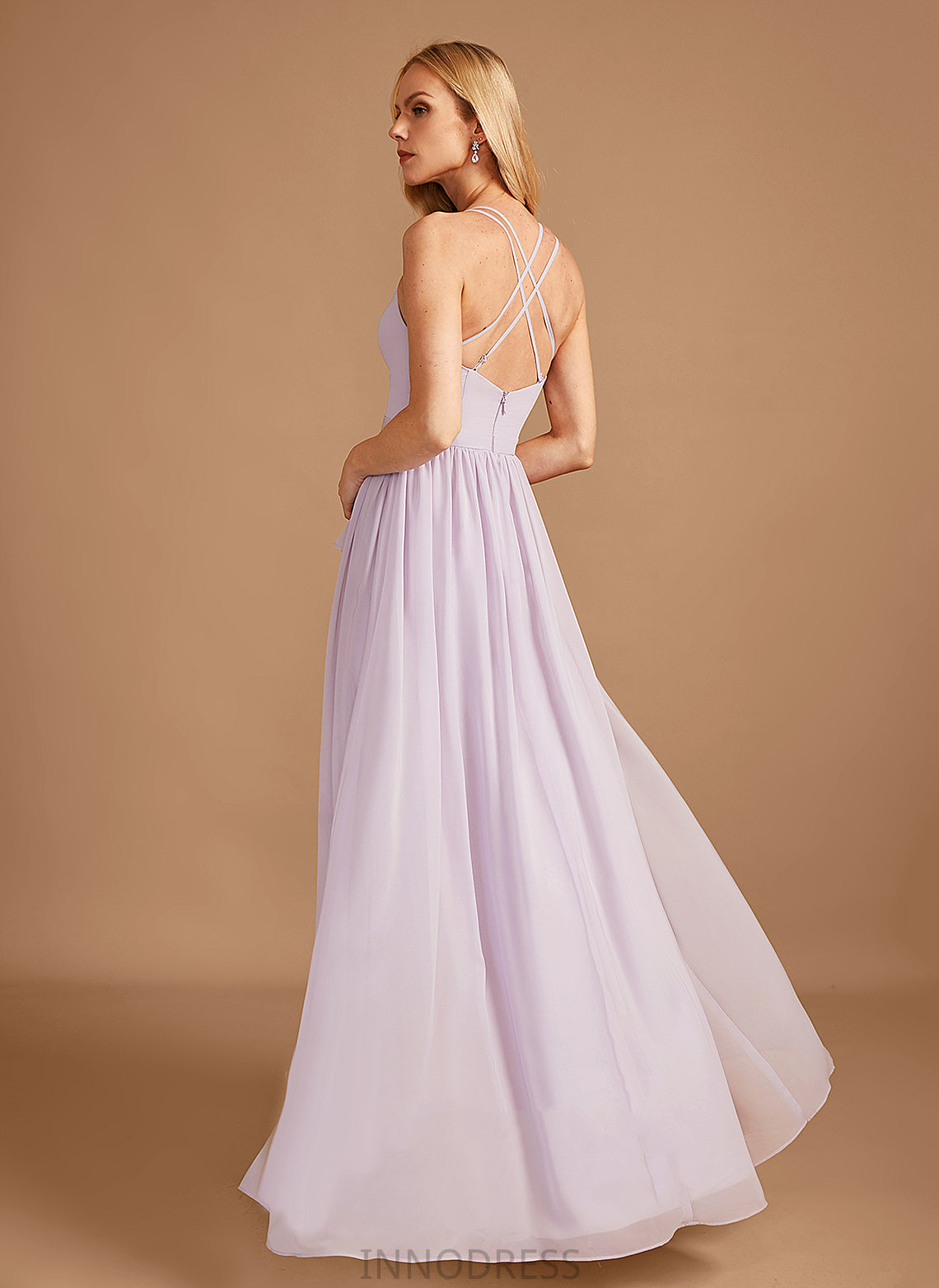 Embellishment Silhouette Fabric SplitFront Length Ruffle A-Line V-neck Neckline Asymmetrical Janae Sleeveless Bridesmaid Dresses