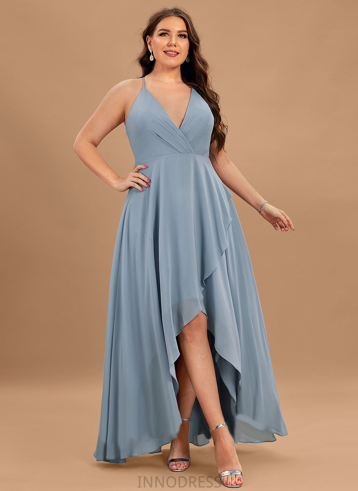 Asymmetrical V-neck Length A-Line Straps Silhouette Neckline Fabric Helena Sleeveless A-Line/Princess Floor Length Bridesmaid Dresses