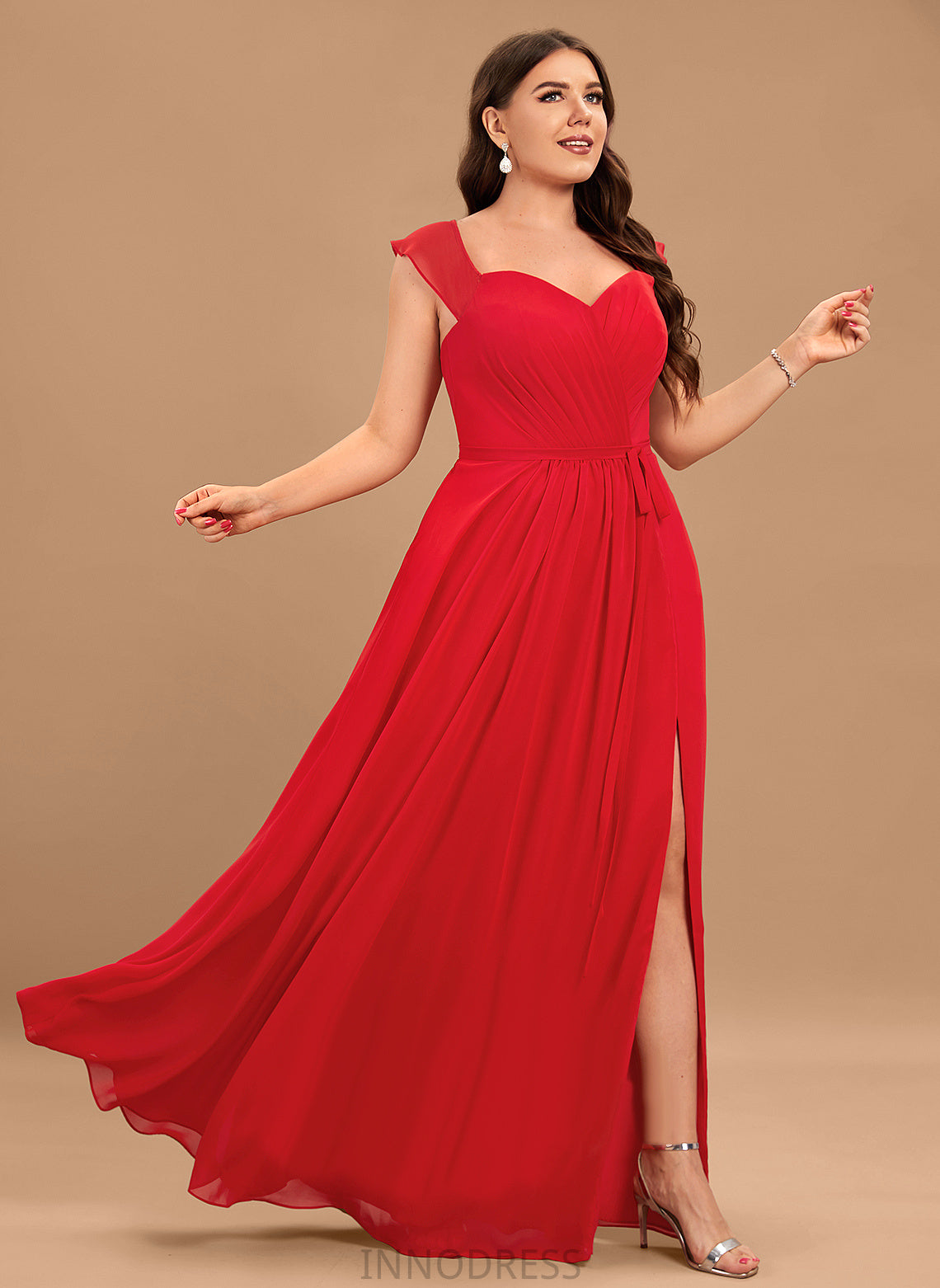 SplitFront Off-the-Shoulder Embellishment Length A-Line Silhouette Fabric Neckline Ruffle Floor-Length Catherine Sheath/Column Bridesmaid Dresses