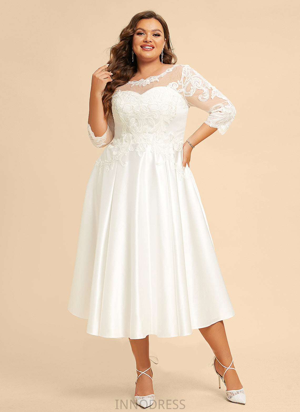 Wedding Dresses Illusion Alma Wedding Satin Lace Dress With Tea-Length A-Line