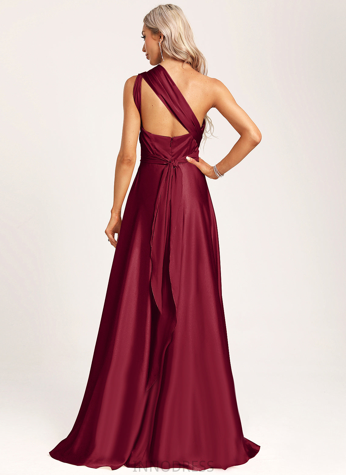 A-Line Neckline V-neck Fabric Halter Straps&Sleeves One-Shoulder Satin Length Silhouette Floor-Length Amani Bridesmaid Dresses