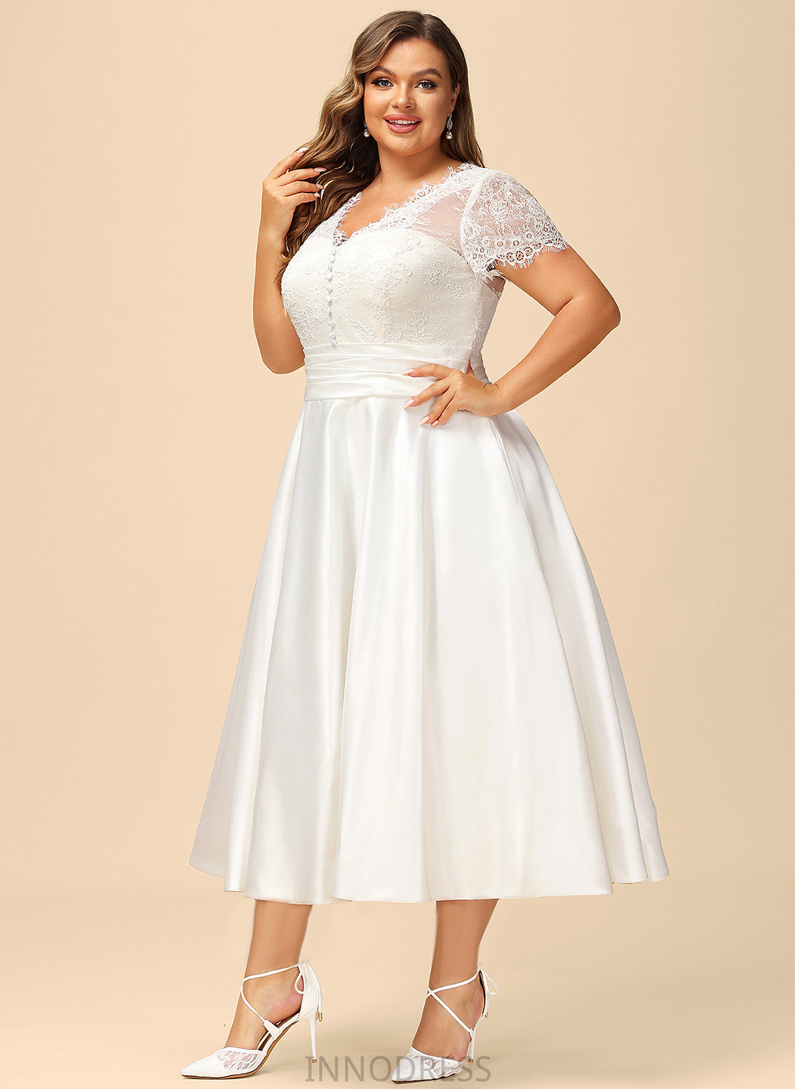 Lace Cecelia Wedding Dresses Wedding Tea-Length Satin Ruffle A-Line Dress V-neck With