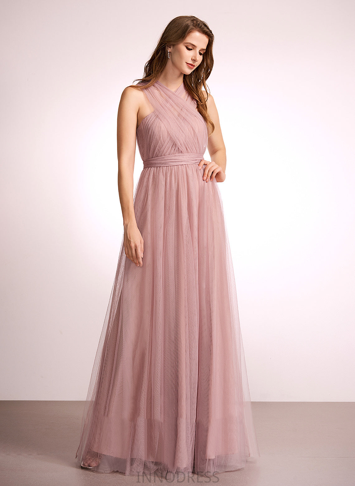 Fabric One-Shoulder Off-the-Shoulder Neckline A-Line Floor-Length Tulle Straps Silhouette V-neck Length Emmalee Bridesmaid Dresses