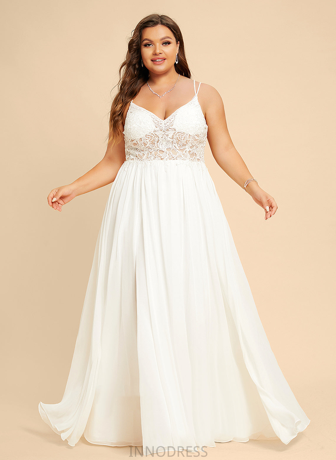 Molly Split Beading Dress With Chiffon Floor-Length Wedding A-Line V-neck Wedding Dresses Front Lace