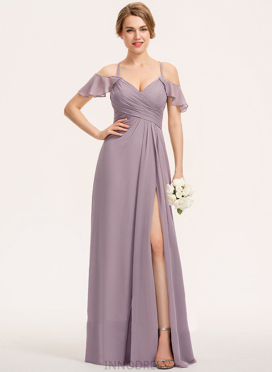 Floor-Length Straps&Sleeves Pleated Fabric Length Embellishment Silhouette A-Line Hailee Bridesmaid Dresses