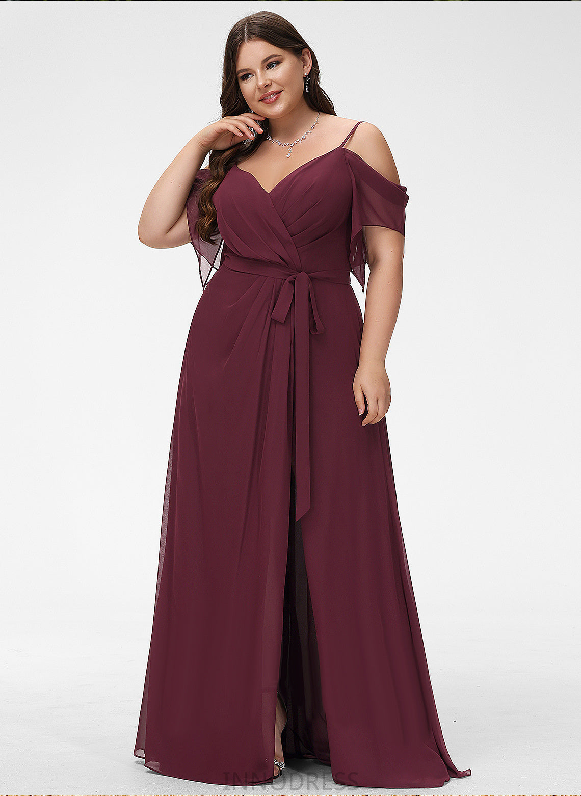 A-Line Fabric Silhouette Floor-Length SplitFront V-neck Neckline Embellishment Ruffle Length Sash Charlotte Bridesmaid Dresses