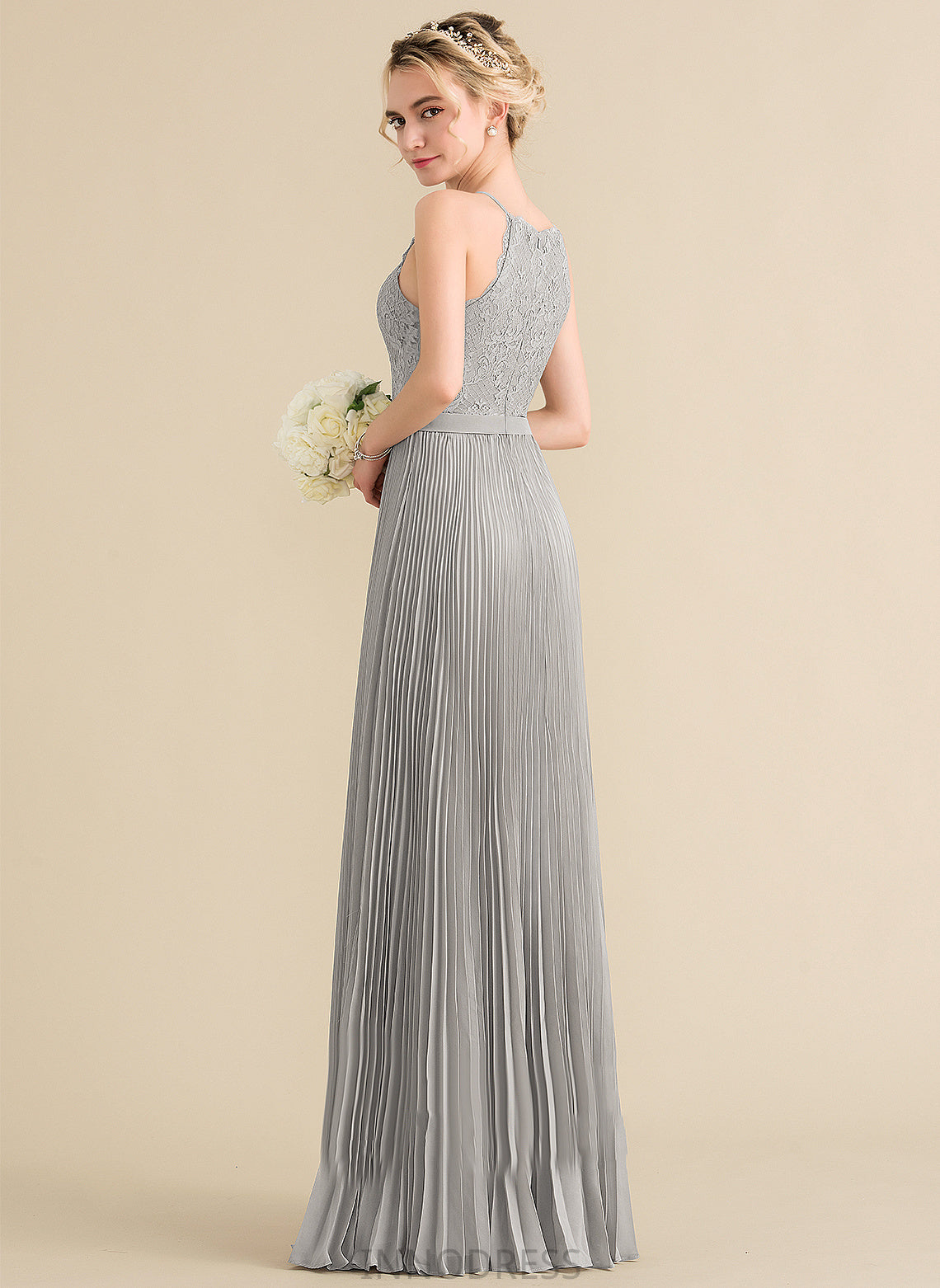 Silhouette Neckline Length Embellishment Scoop A-Line Fabric Floor-Length Pleated Sal Bridesmaid Dresses