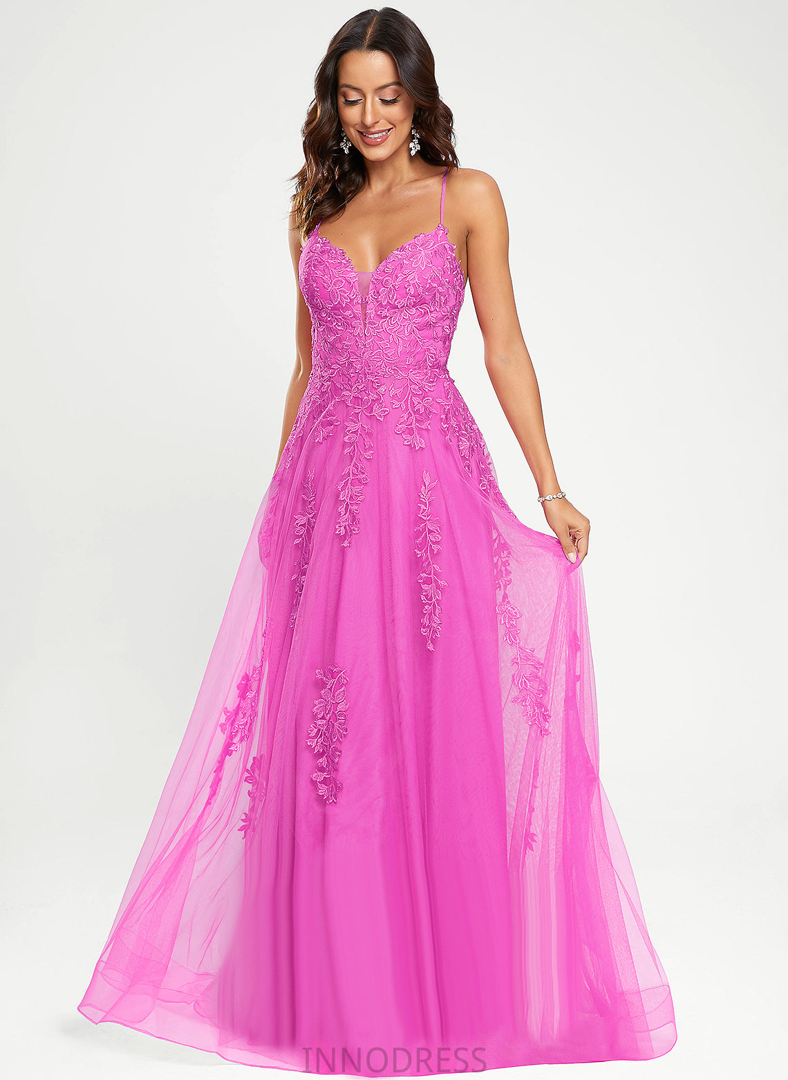 V-neck Tulle A-Line Floor-Length Jocelynn Prom Dresses