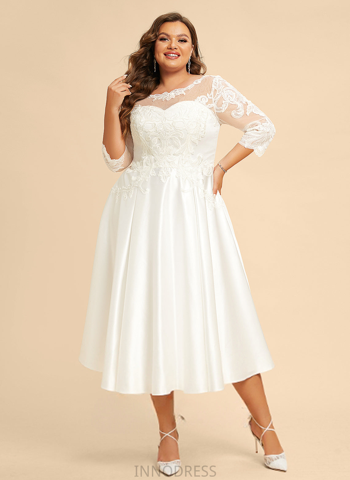 Sylvia Illusion Wedding Satin Wedding Dresses Tea-Length A-Line Lace Dress