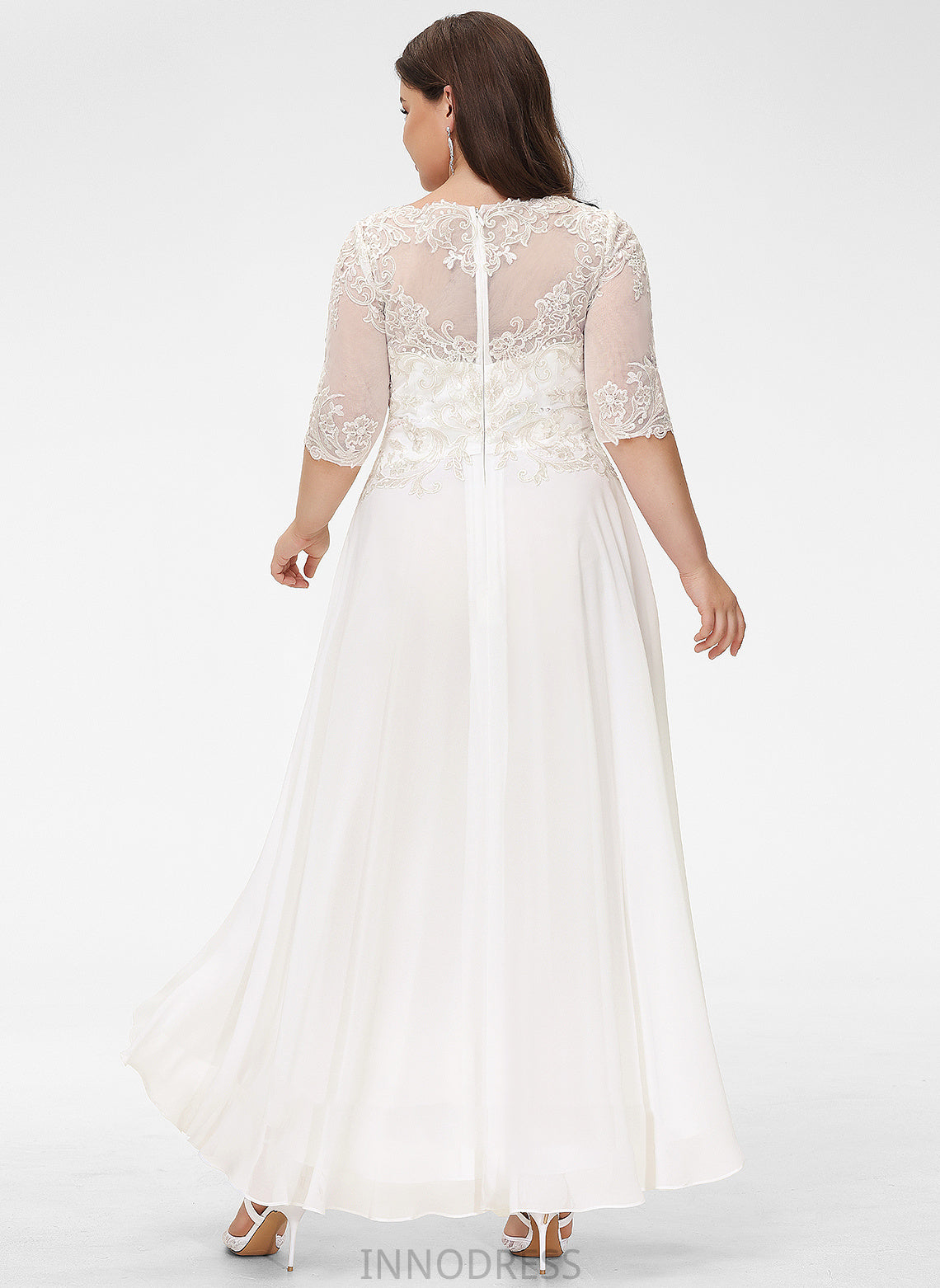 With A-Line Asymmetrical Wedding Dresses Sequins Chiffon Dress Scoop Lace Beading Melody Wedding