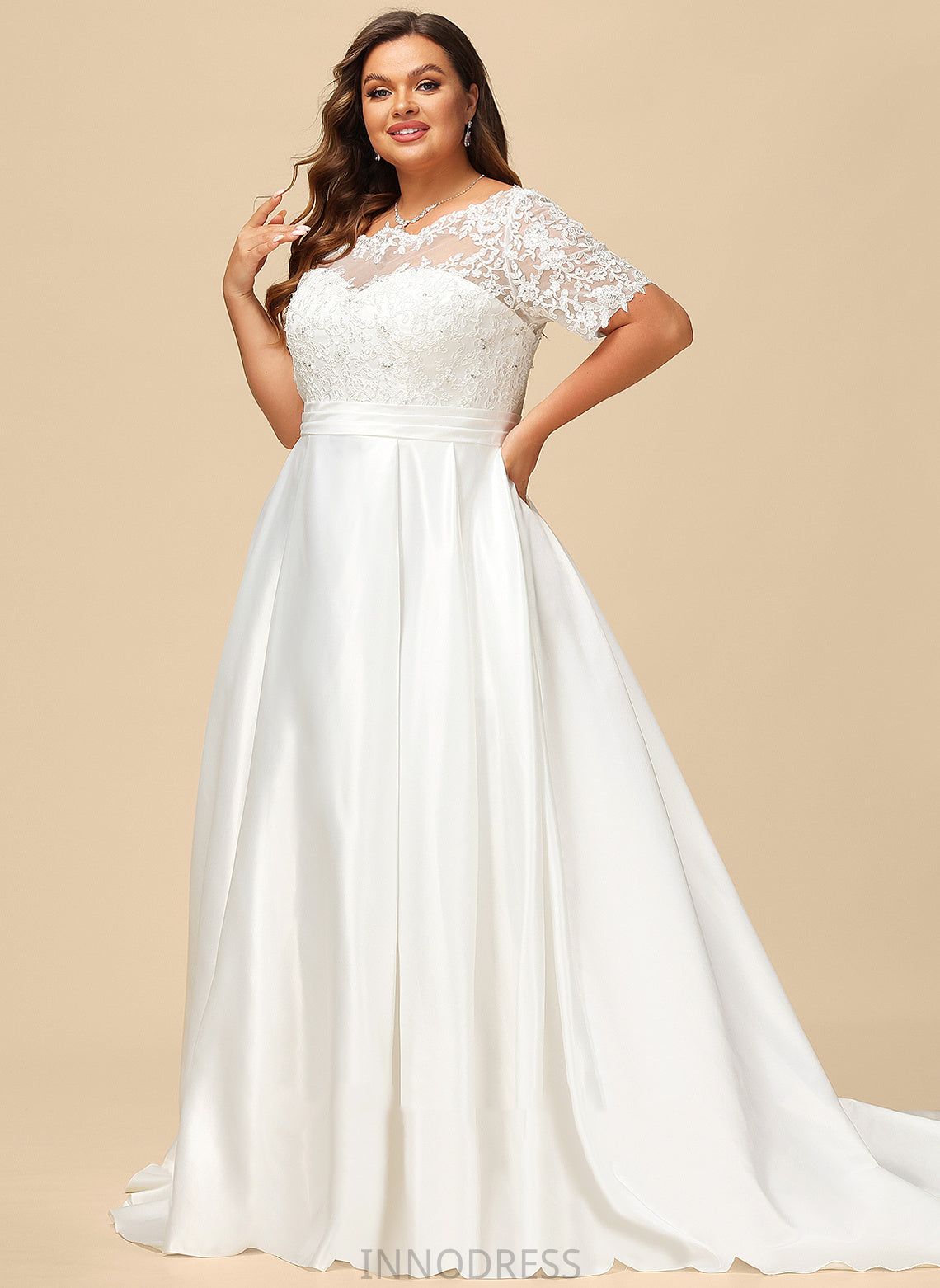 Satin Ball-Gown/Princess With Train Sequins Lace Dress Beading Pockets Cora Court Wedding Dresses Wedding