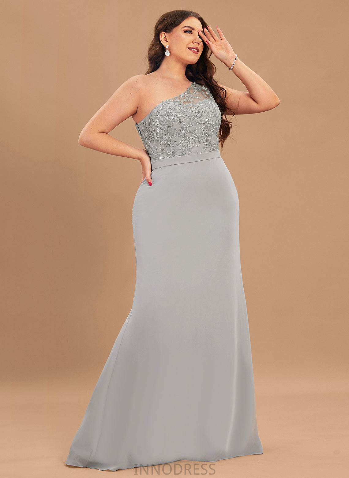 Neckline Sequins SweepTrain Trumpet/Mermaid Embellishment One-Shoulder Silhouette Length Fabric Kathryn Floor Length Sleeveless Bridesmaid Dresses