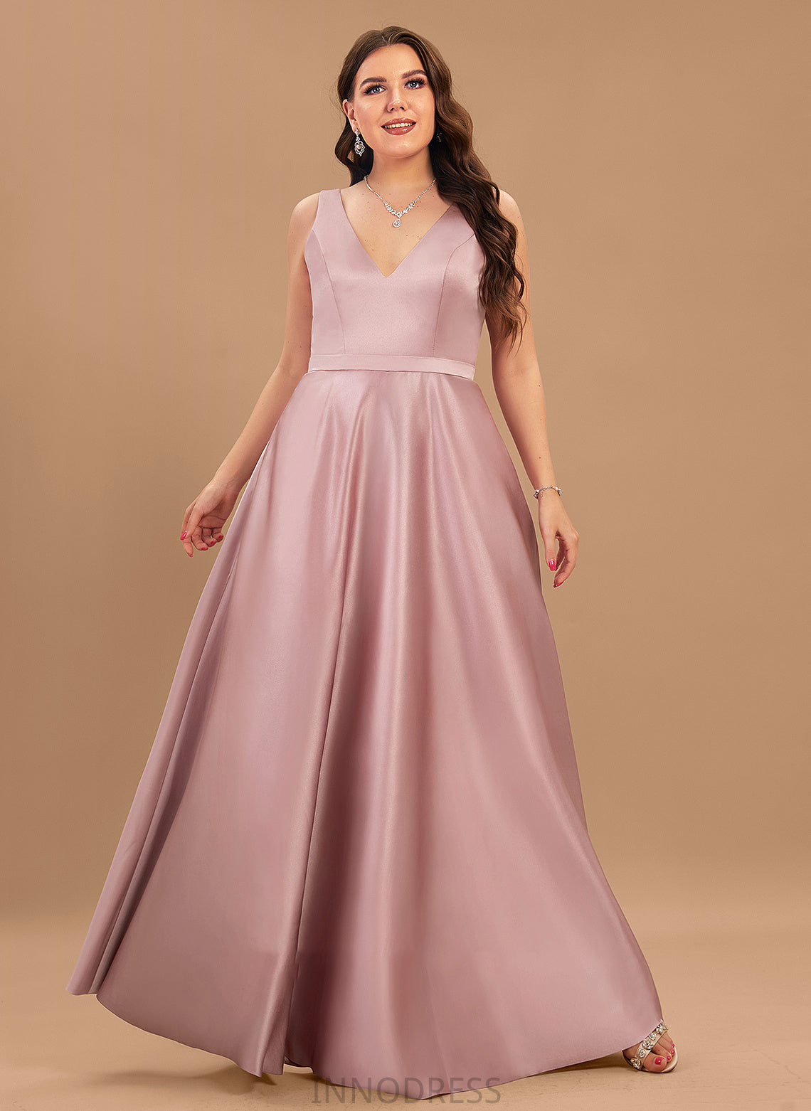 Floor-Length Pockets Satin Prom Dresses V-neck Jayleen With Ball-Gown/Princess