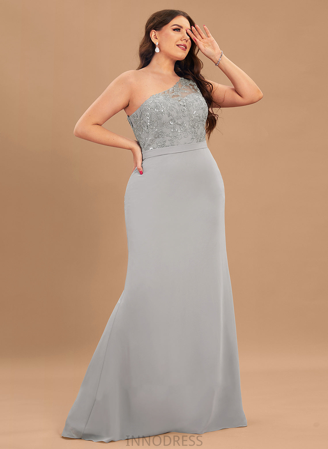 Length Trumpet/Mermaid Lace Straps Fabric One-Shoulder Silhouette SweepTrain Neckline Jane Sleeveless One Shoulder Bridesmaid Dresses