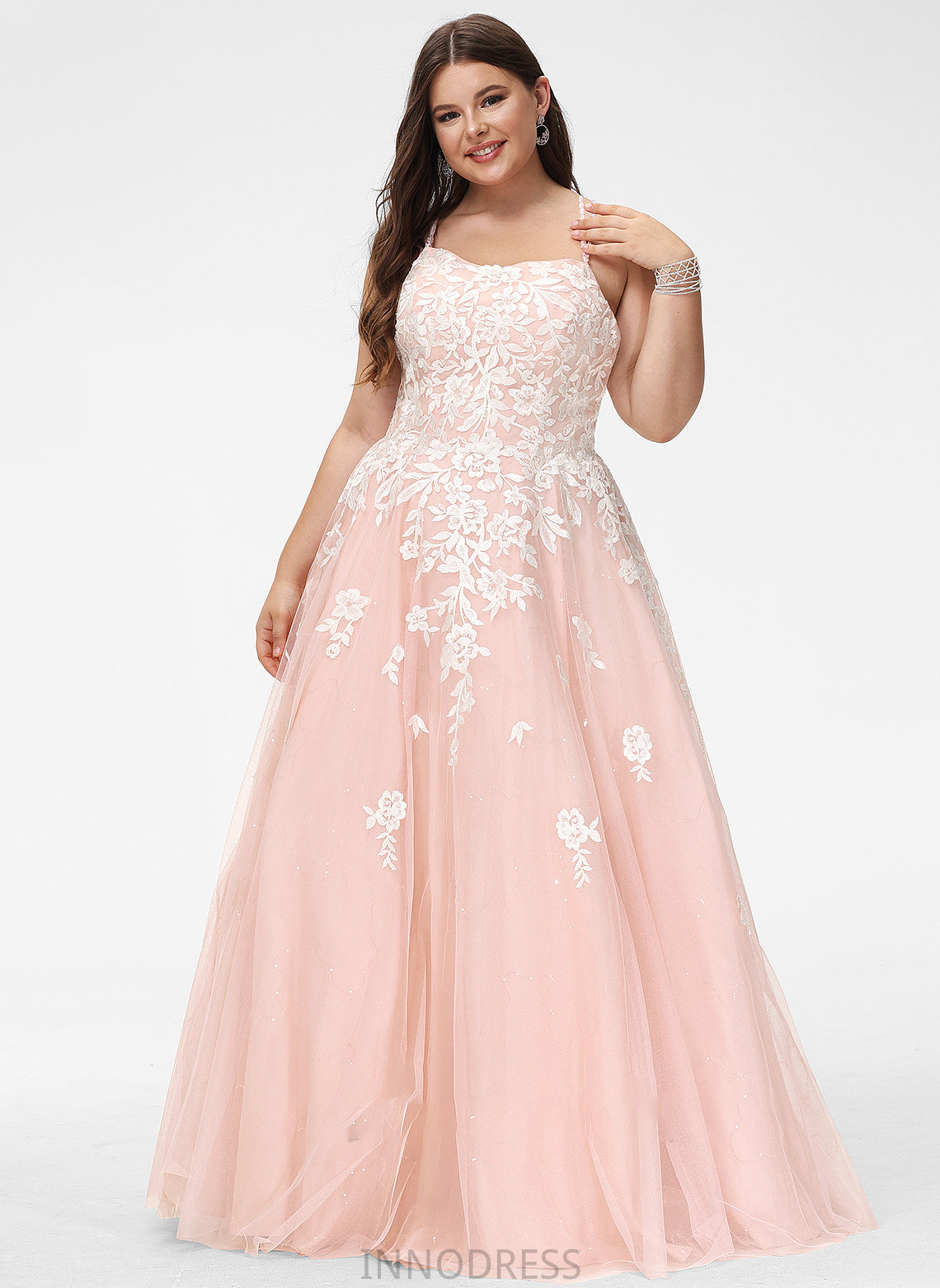 Ball-Gown/Princess Sequins Prom Dresses Lace With Tulle Floor-Length Square Neckline Salma