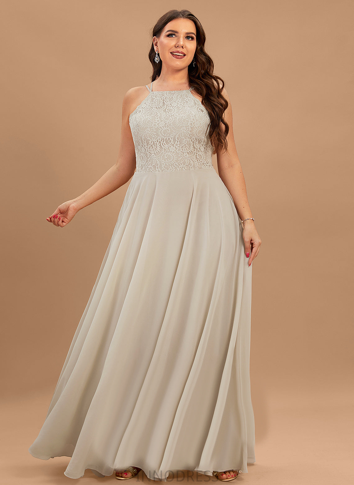 A-Line Fabric Silhouette Floor-Length Length Scoop Lace Neckline Straps&Sleeves Nell Sheath/Column Sleeveless Bridesmaid Dresses