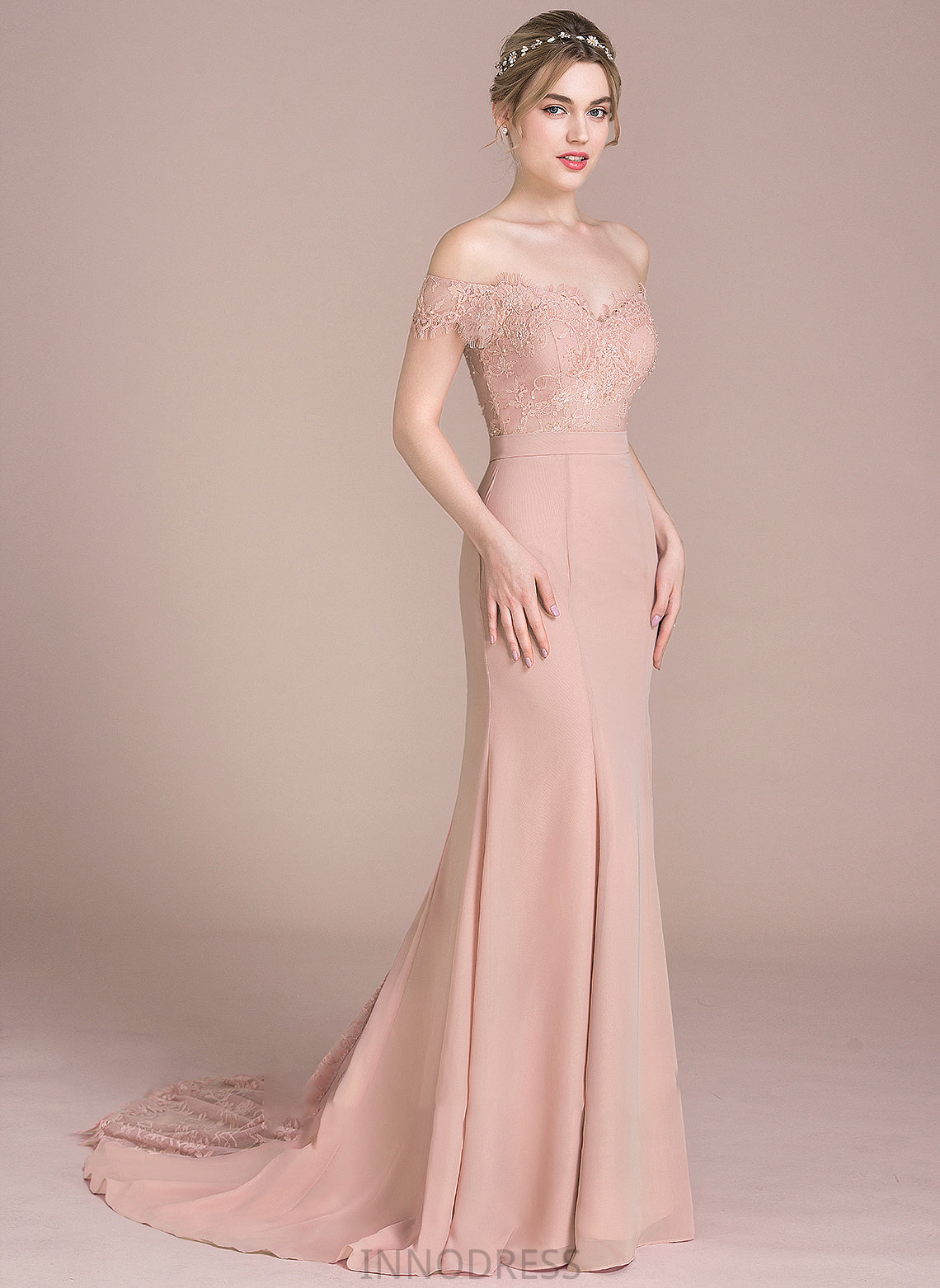 Court Prom Dresses Off-the-Shoulder Trumpet/Mermaid Train Lace Natalee With Chiffon Sequins