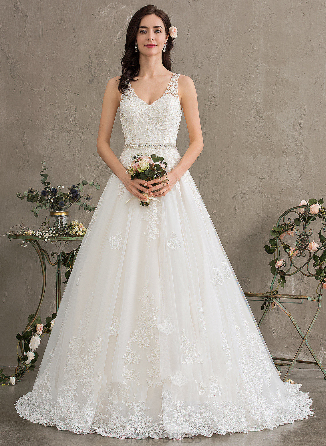 Beading Ball-Gown/Princess Lace With Tulle V-neck Wedding Train Court Dress Sequins Wedding Dresses Jasmine