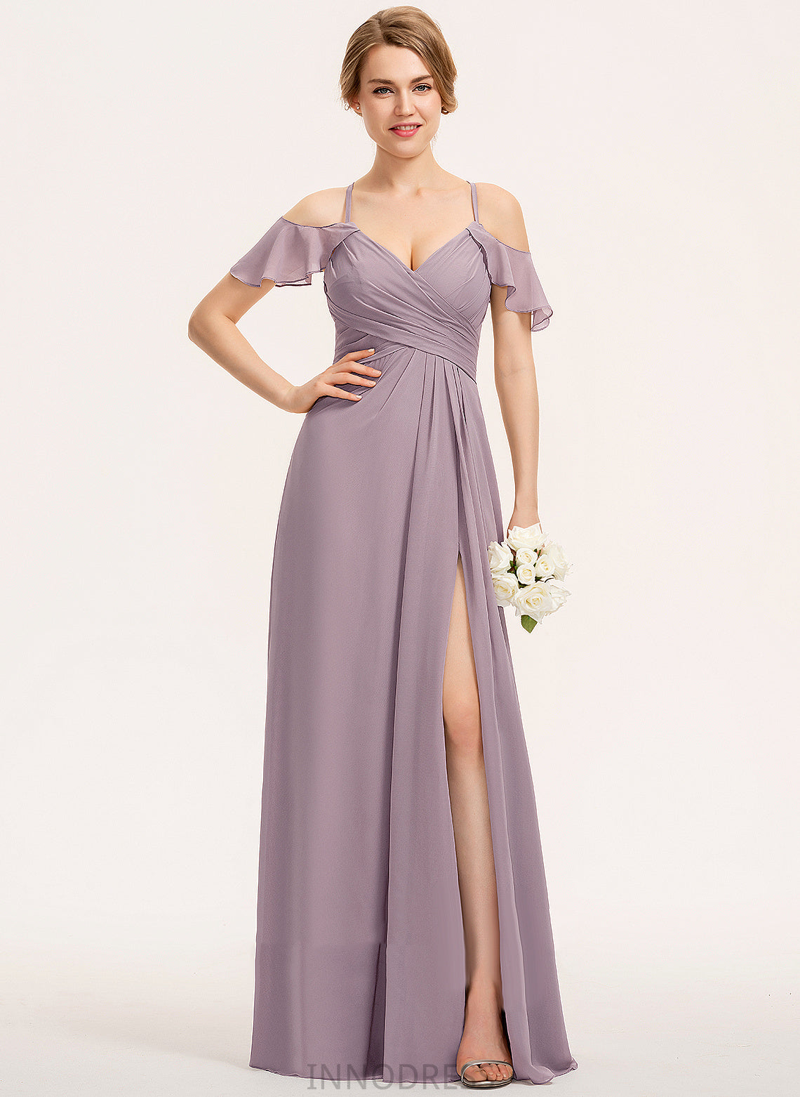 ColdShoulder Silhouette Floor-Length Neckline Length SplitFront CascadingRuffles Embellishment V-neck A-Line Fabric Ruffle Bridesmaid Dresses