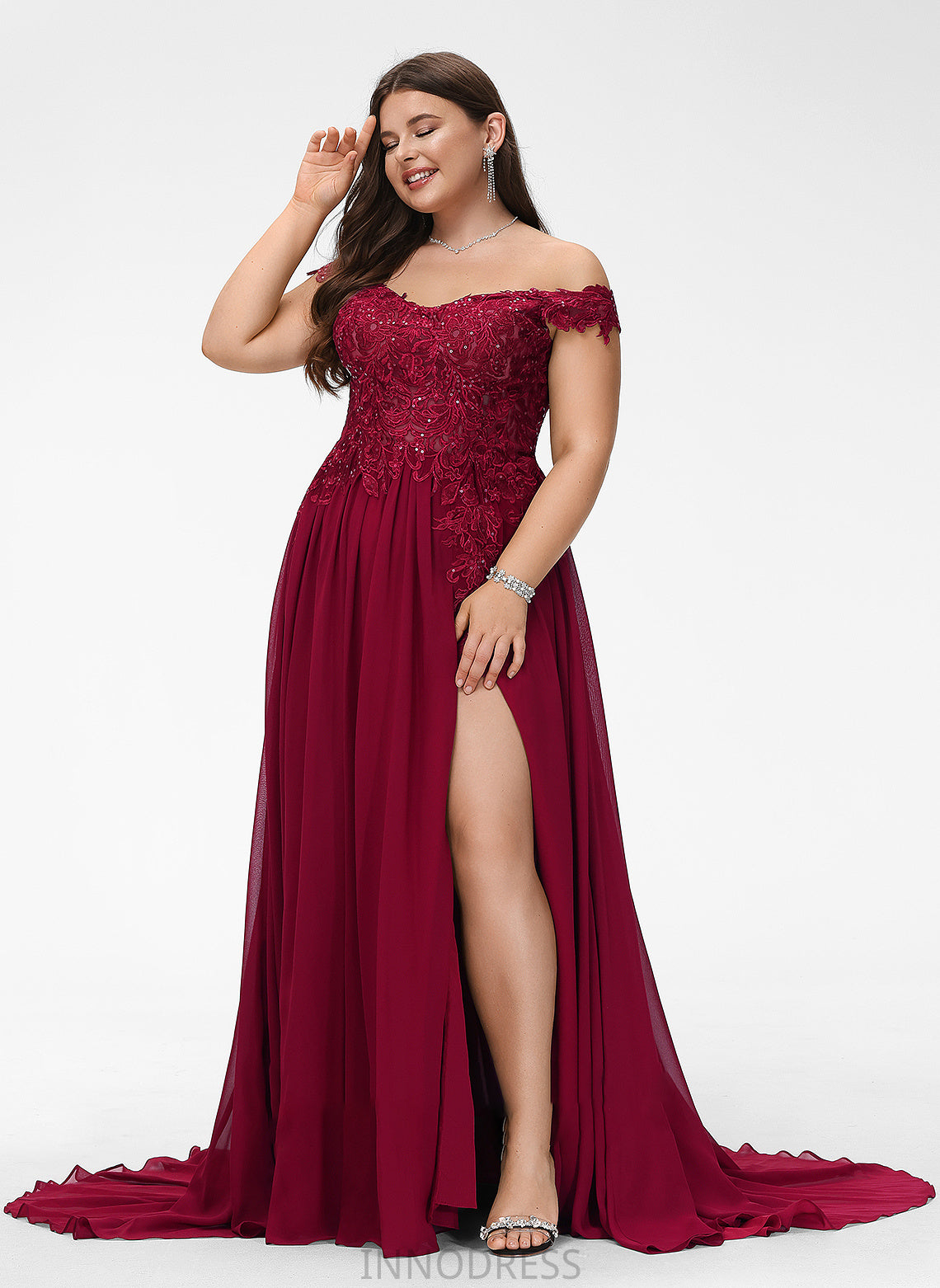 Prom Dresses A-Line Chiffon Nyla Sweep Sequins With Off-the-Shoulder Lace Train