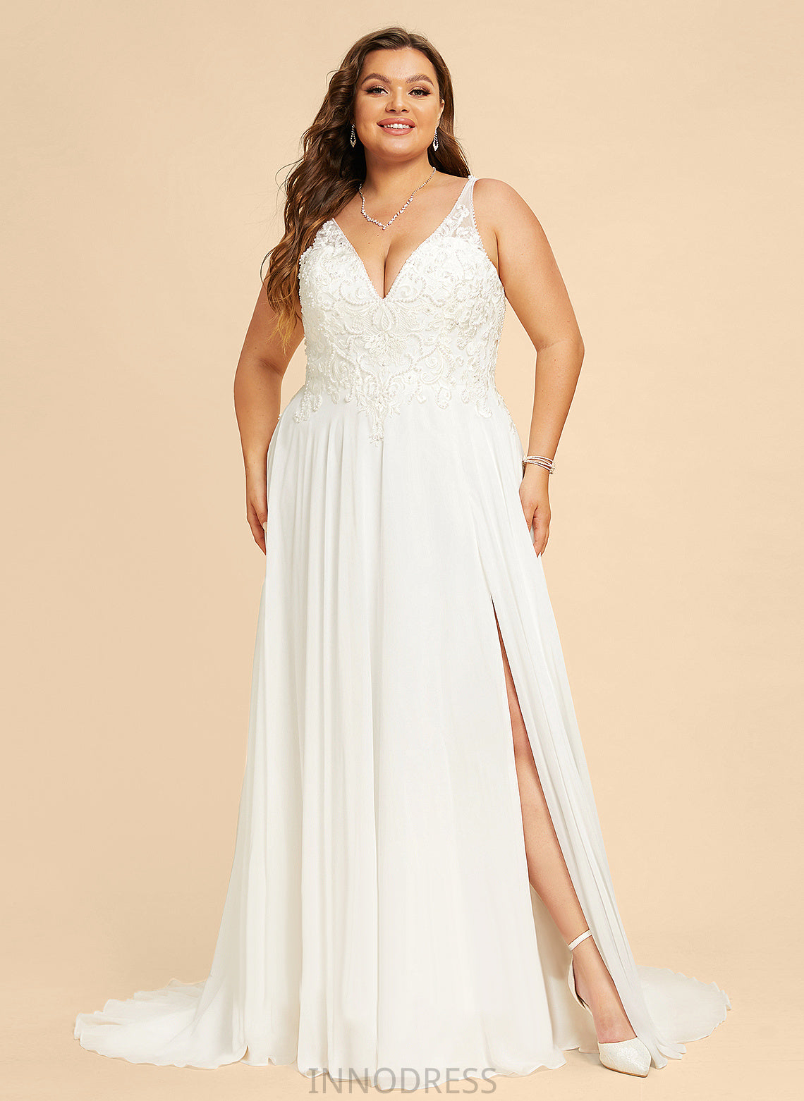 Train Beading V-neck Chiffon Amaris Wedding Front Sweep Sequins Dress Lace Wedding Dresses With A-Line Split