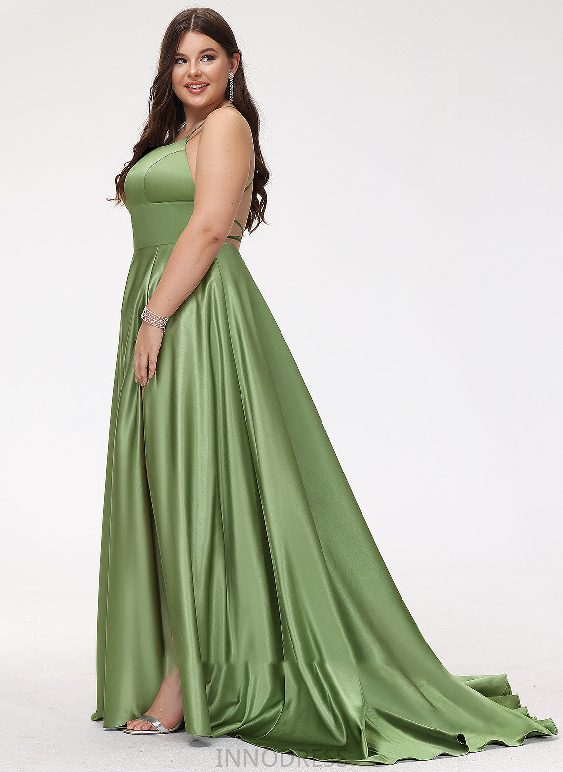 Scoop Lila Satin Split Prom Dresses Front A-Line With Sweep Neck Train