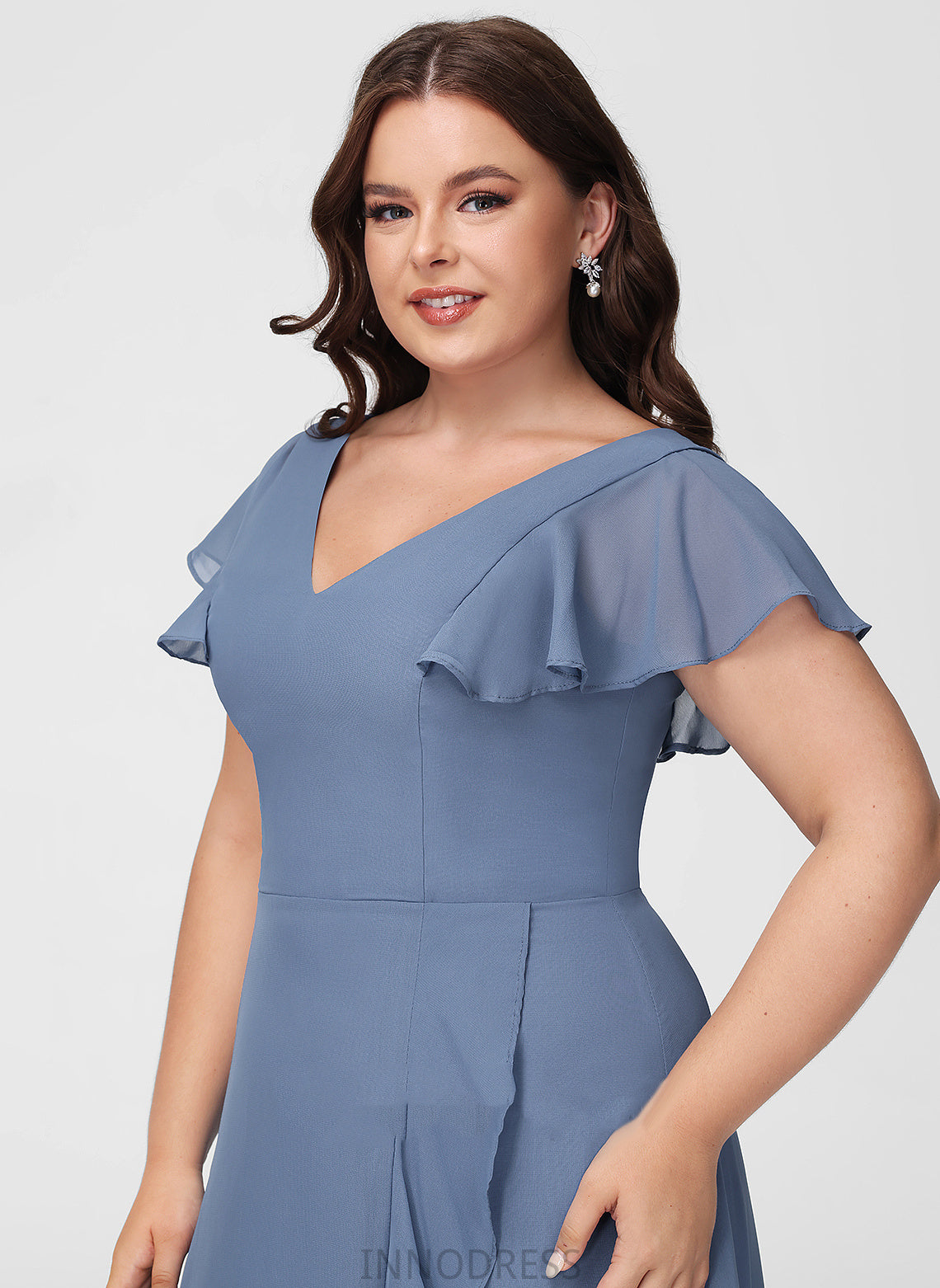 Ruffle Silhouette Neckline SplitFront Embellishment Fabric Length V-neck A-Line Asymmetrical Emilia V-Neck Bridesmaid Dresses