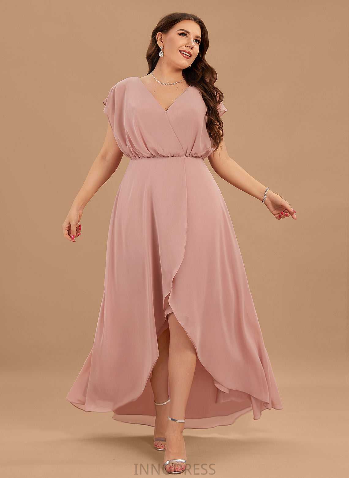 Embellishment Length A-Line Silhouette Neckline Asymmetrical Fabric SplitFront V-neck Lizbeth Sleeveless Taffeta Bridesmaid Dresses