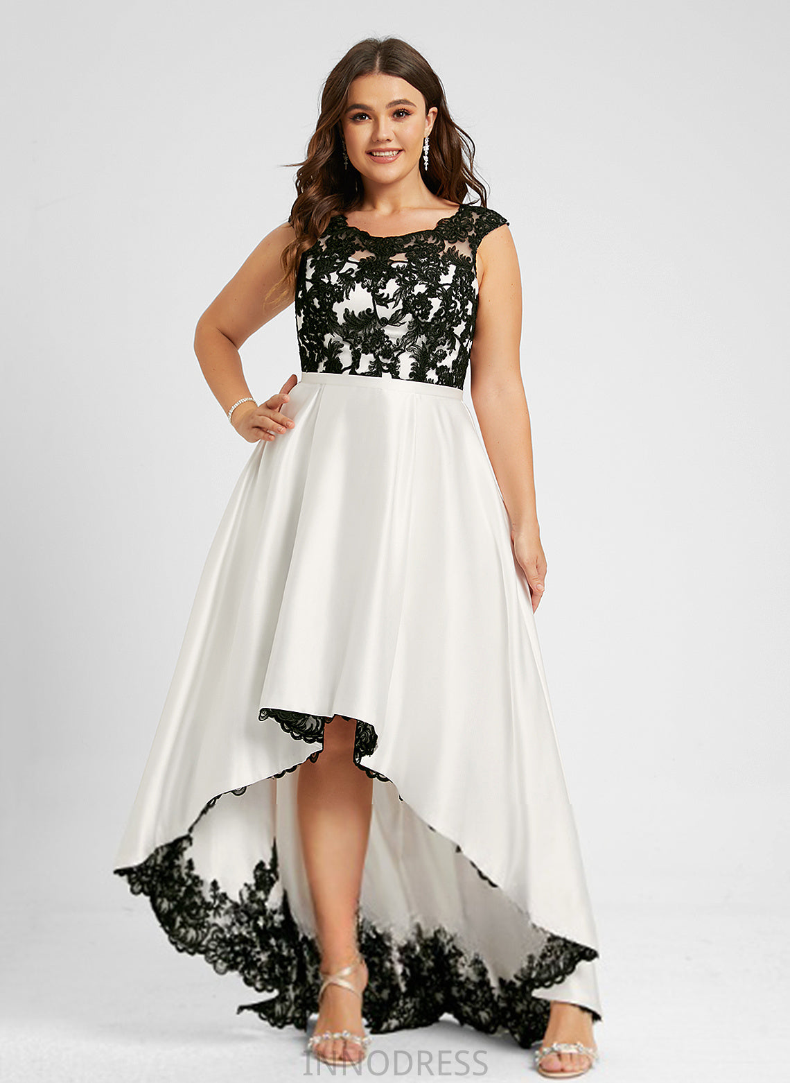 A-Line Prom Dresses Lace Scoop Rosalyn Illusion Asymmetrical Satin