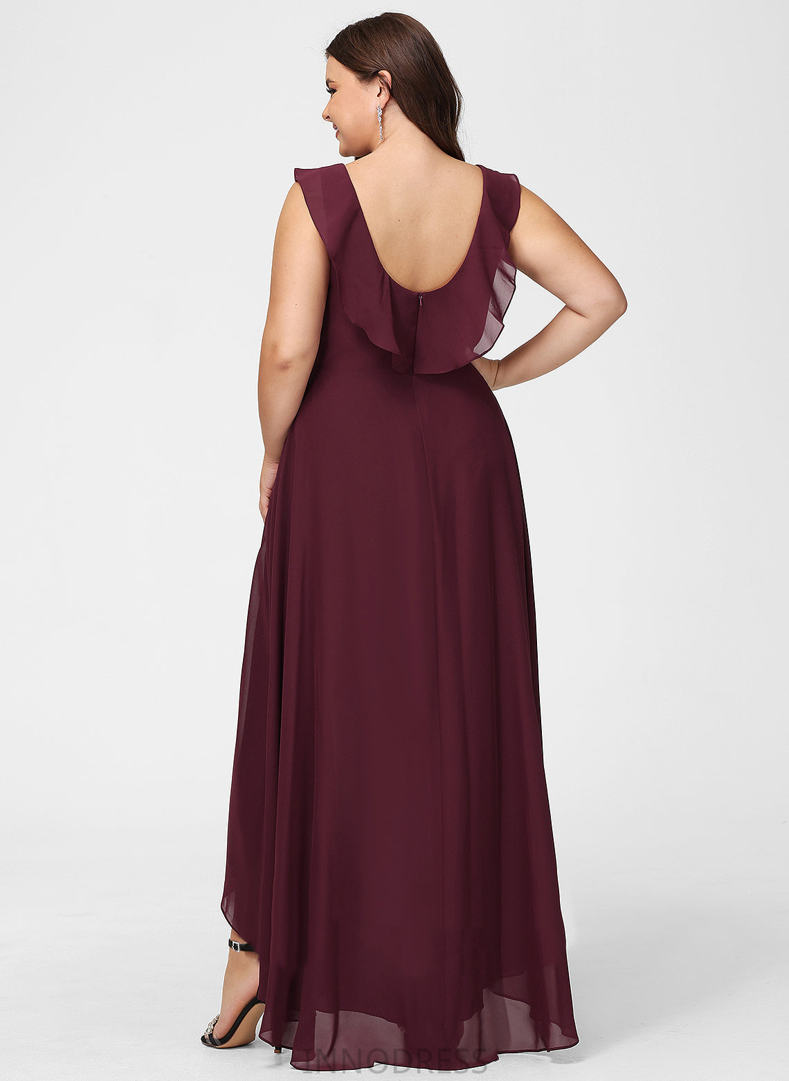 Length Neckline A-Line Silhouette V-neck Fabric Ruffle Embellishment Asymmetrical Kali Floor Length Sleeveless Bridesmaid Dresses