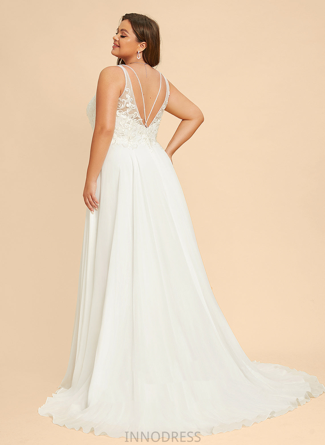 Train Beading V-neck Chiffon Amaris Wedding Front Sweep Sequins Dress Lace Wedding Dresses With A-Line Split