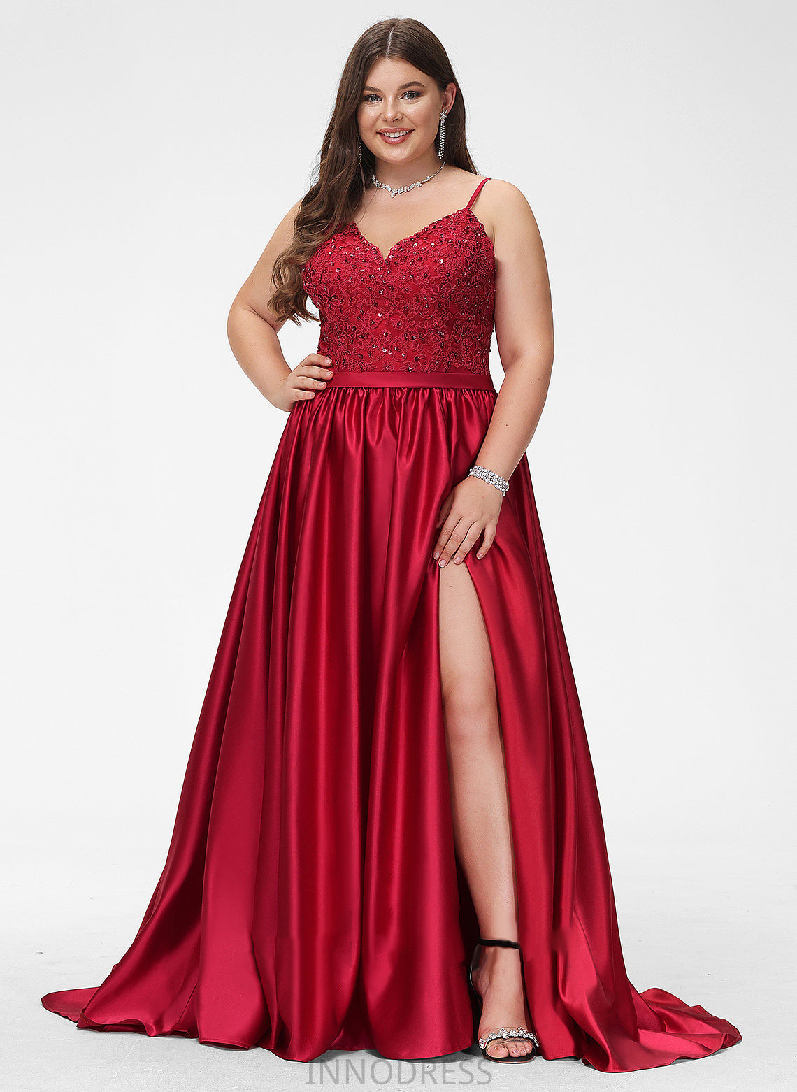 Split Train Prom Dresses Sweep Kadence V-neck Beading Sequins Ball-Gown/Princess Front Satin With