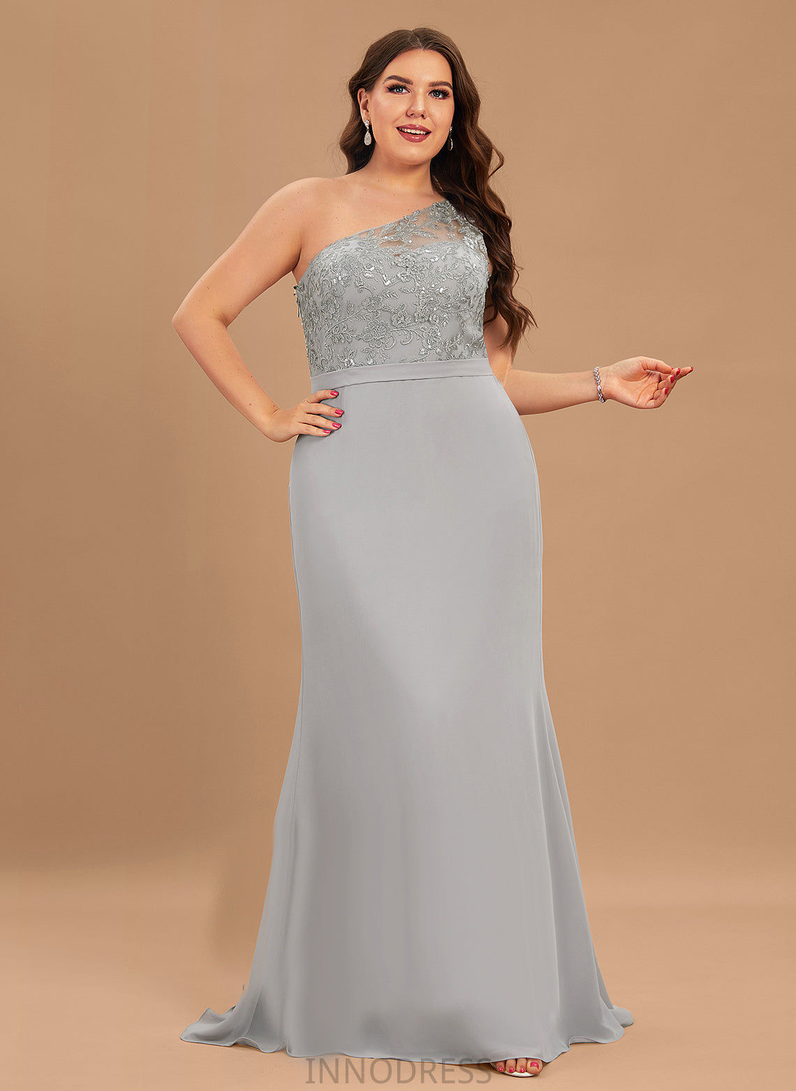 Neckline Sequins SweepTrain Trumpet/Mermaid Embellishment One-Shoulder Silhouette Length Fabric Kathryn Floor Length Sleeveless Bridesmaid Dresses