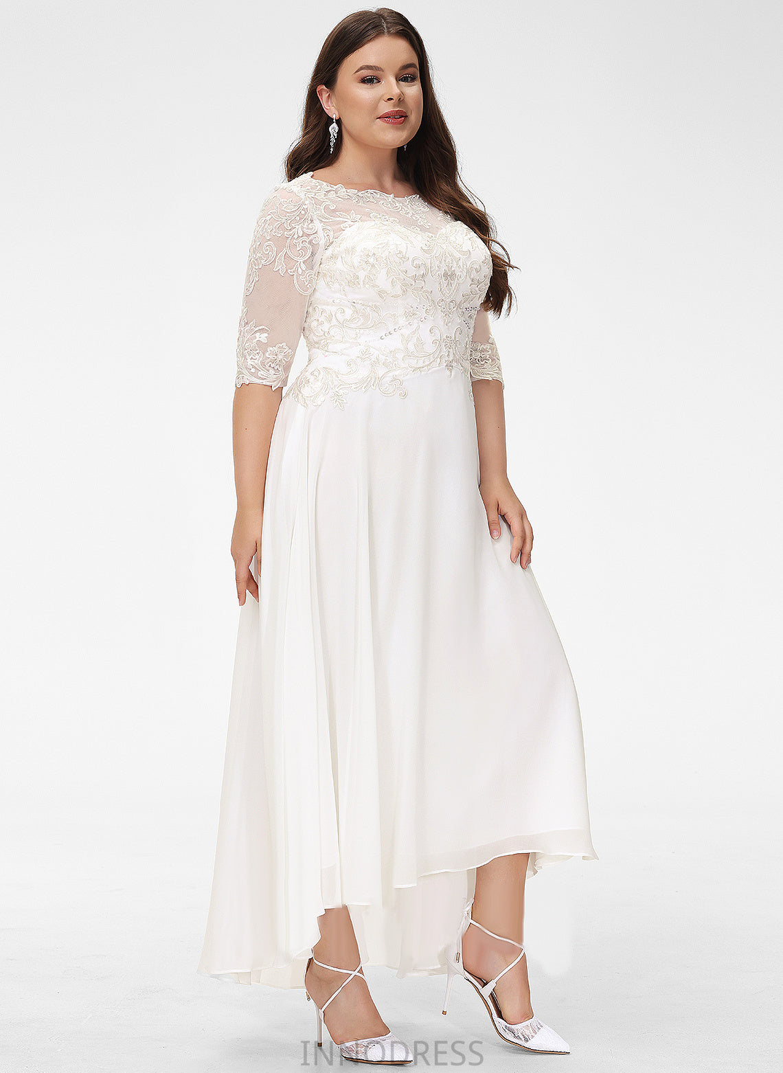 Lace With Sequins A-Line Asymmetrical Wedding Dresses Beading Wedding Dress Neck Scoop Chiffon Felicity