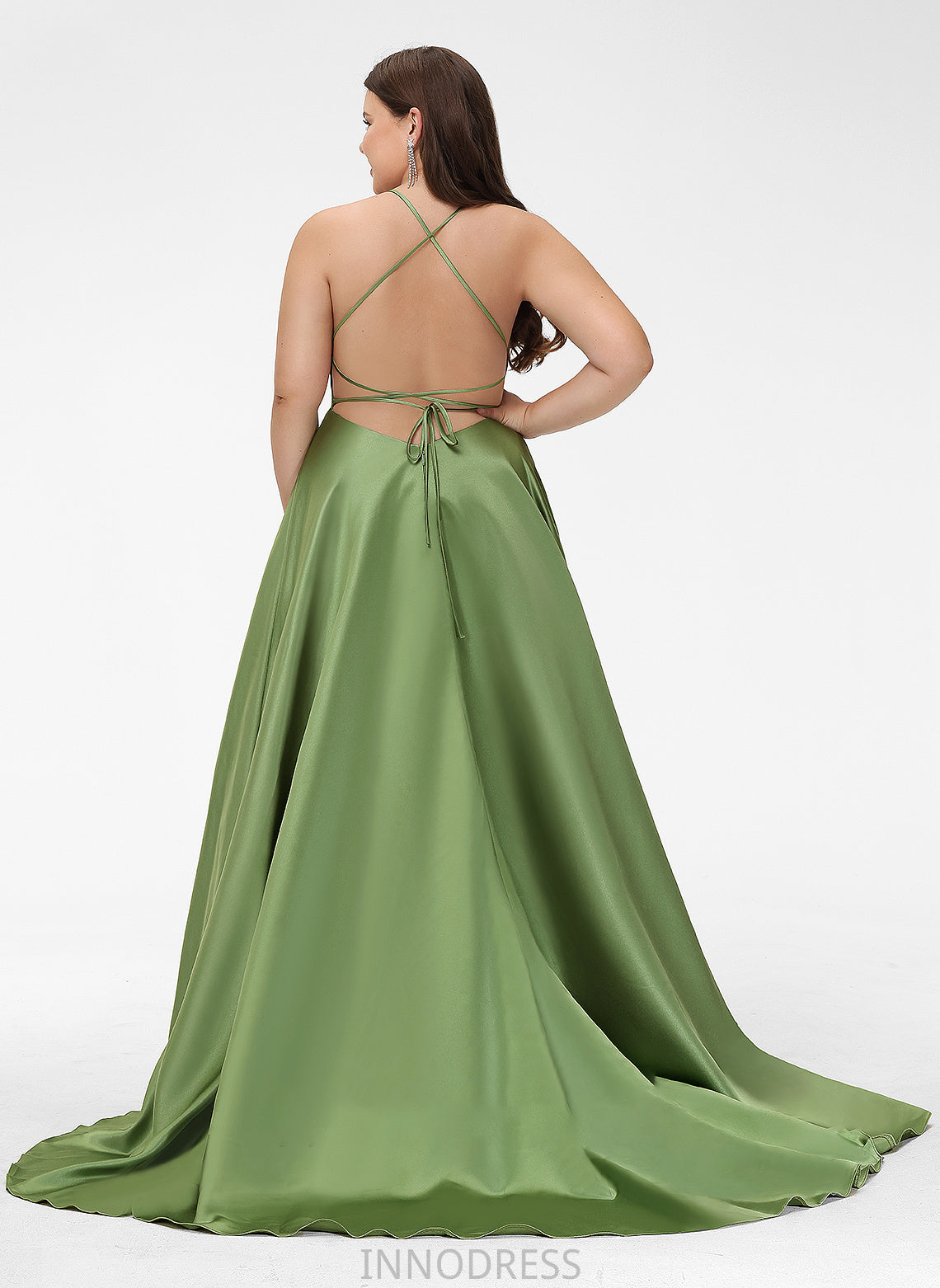 Scoop Lila Satin Split Prom Dresses Front A-Line With Sweep Neck Train