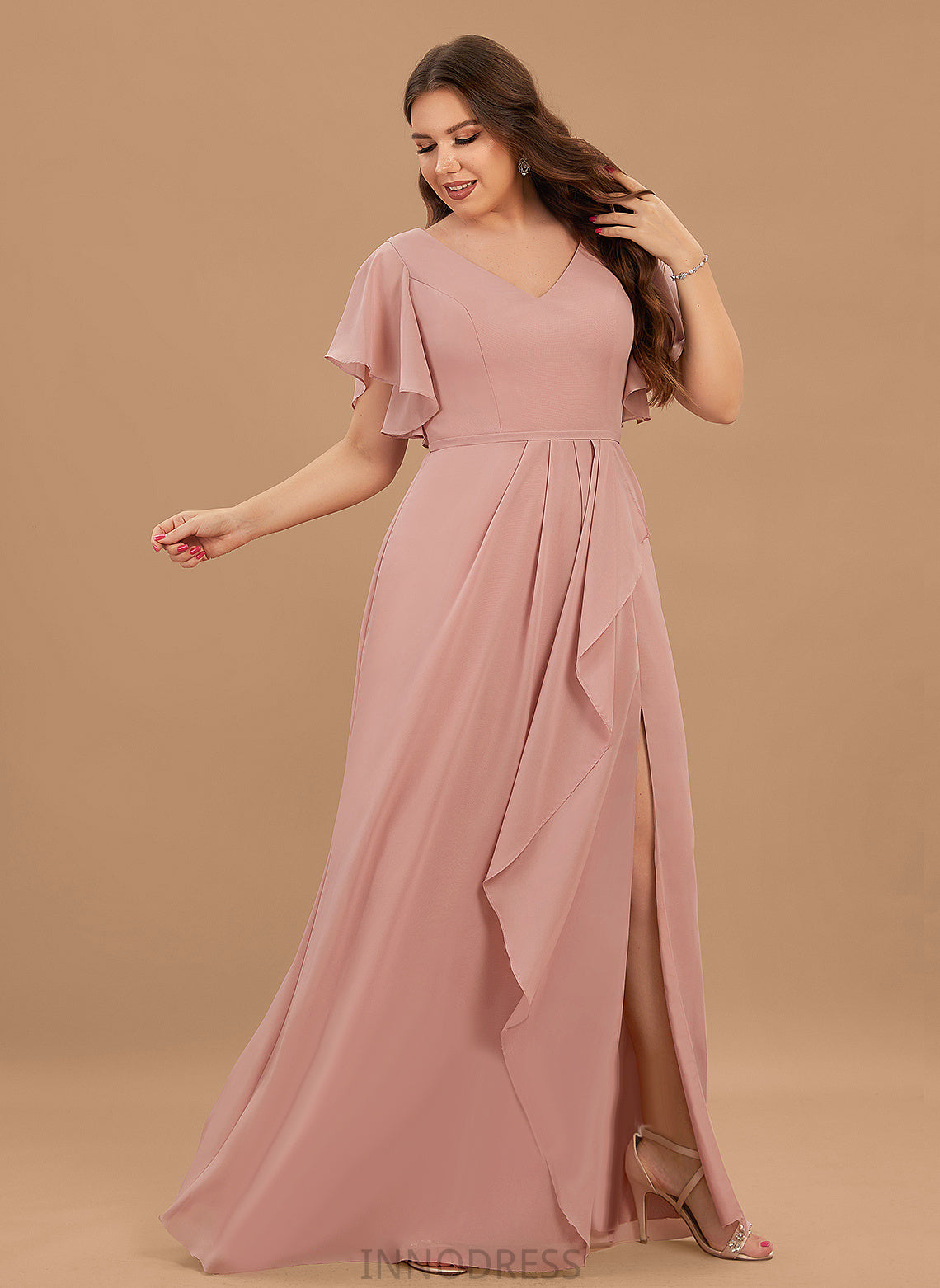 Embellishment Floor-Length Silhouette SplitFront Length Ruffle V-neck A-Line Neckline Fabric Jill Natural Waist Bridesmaid Dresses