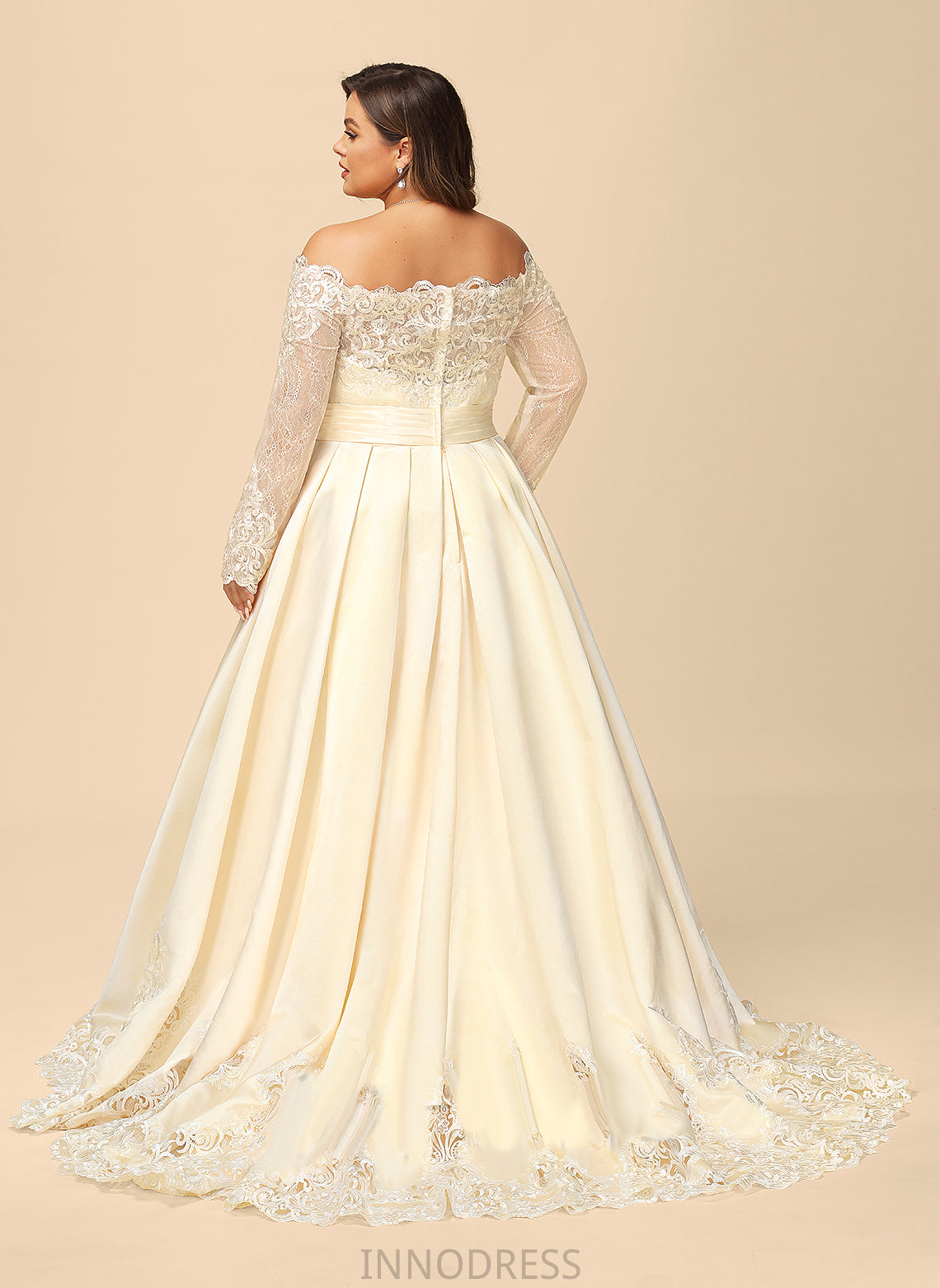 Ball-Gown/Princess Sequins Satin Train Evelyn Off-the-Shoulder With Lace Wedding Beading Sweep Dress Wedding Dresses