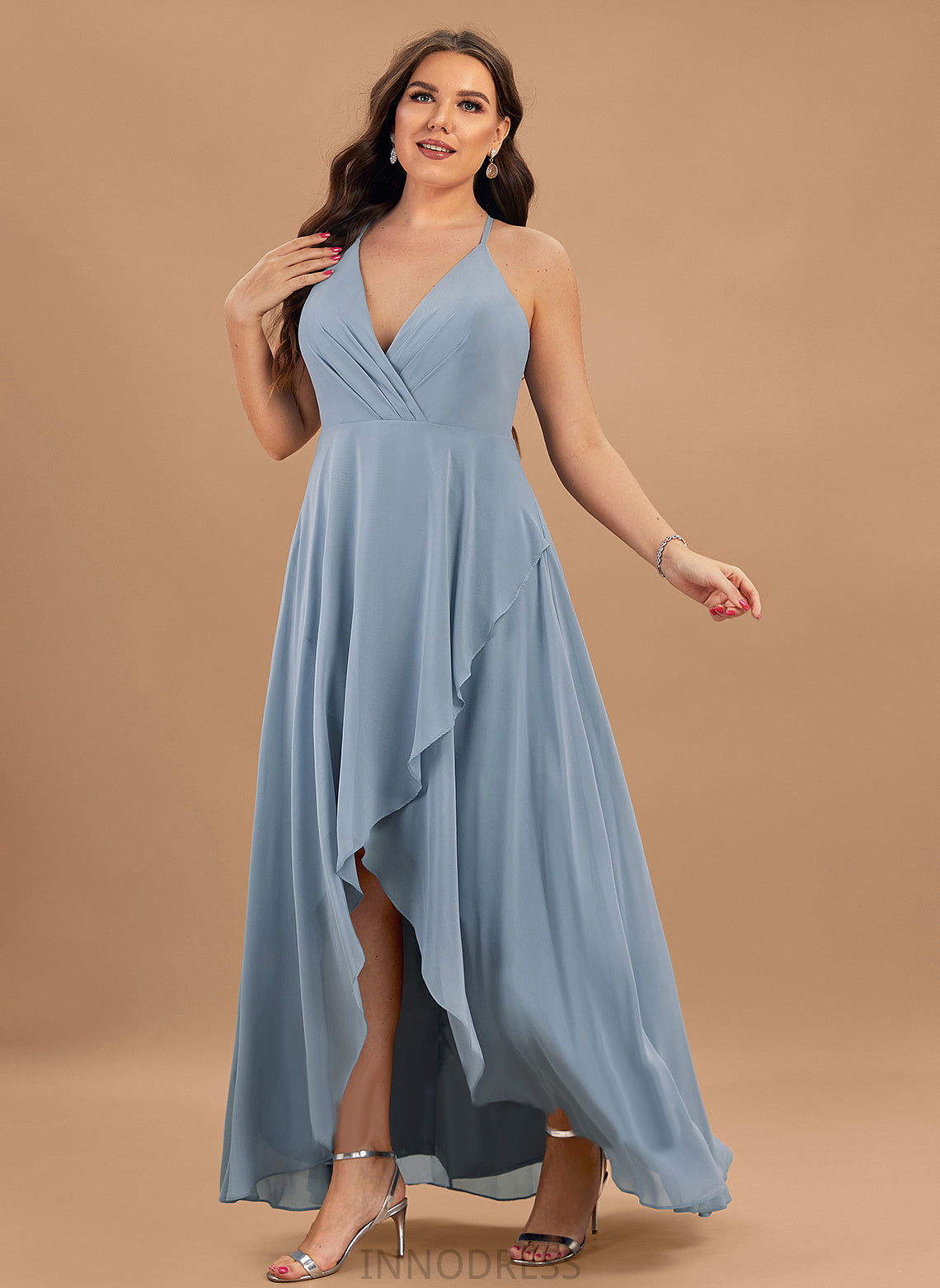 Asymmetrical V-neck Length A-Line Straps Silhouette Neckline Fabric Helena Sleeveless A-Line/Princess Floor Length Bridesmaid Dresses