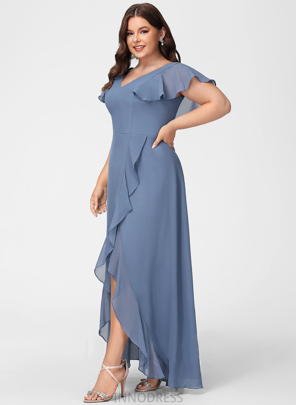 Ruffle Silhouette Neckline SplitFront Embellishment Fabric Length V-neck A-Line Asymmetrical Emilia V-Neck Bridesmaid Dresses