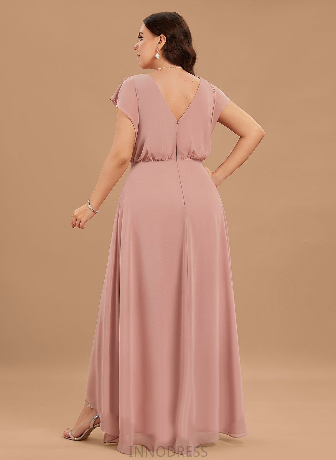 Embellishment Length A-Line Silhouette Neckline Asymmetrical Fabric SplitFront V-neck Lizbeth Sleeveless Taffeta Bridesmaid Dresses