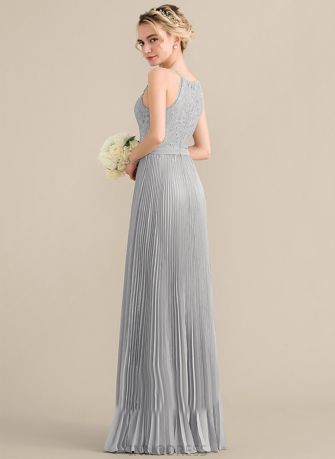 Silhouette Neckline Length Embellishment Scoop A-Line Fabric Floor-Length Pleated Sal Bridesmaid Dresses