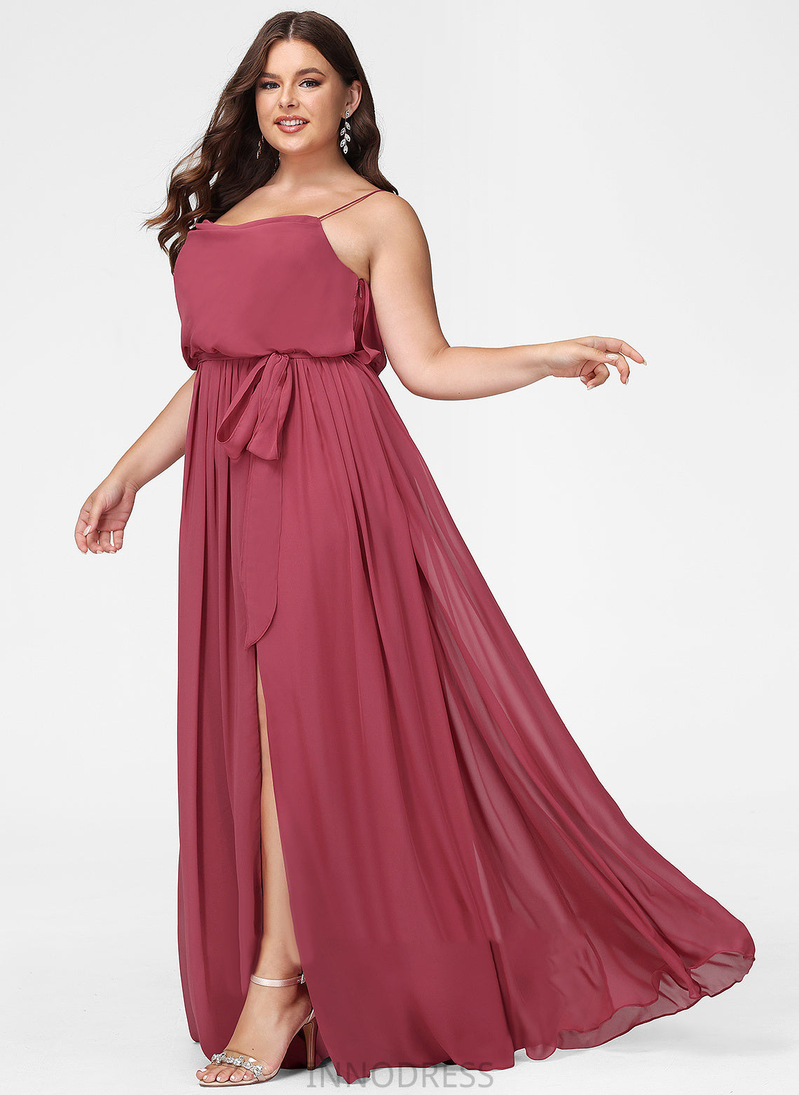 Embellishment Ruffle Silhouette Length CowlNeck Neckline Floor-Length A-Line Fabric SplitFront Sue Sleeveless Bridesmaid Dresses