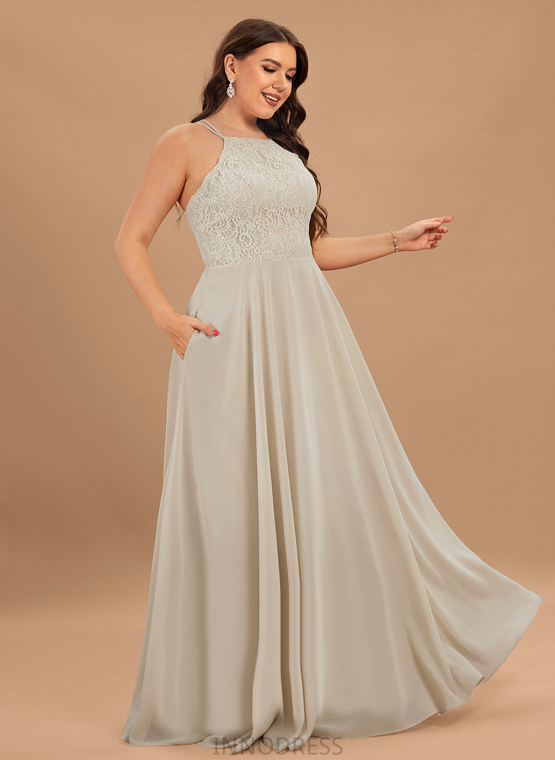 A-Line Fabric Silhouette Floor-Length Length Scoop Lace Neckline Straps&Sleeves Nell Sheath/Column Sleeveless Bridesmaid Dresses