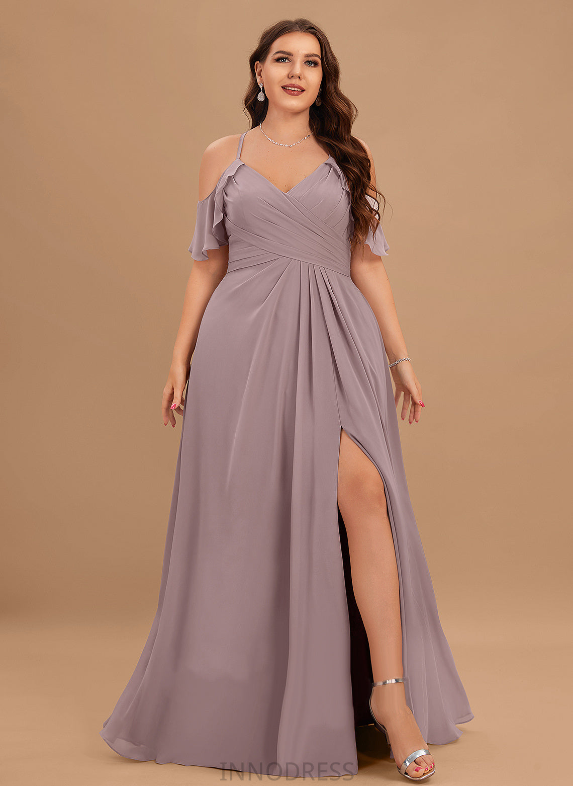 Floor-Length Straps&Sleeves Pleated Fabric Length Embellishment Silhouette A-Line Hailee Bridesmaid Dresses